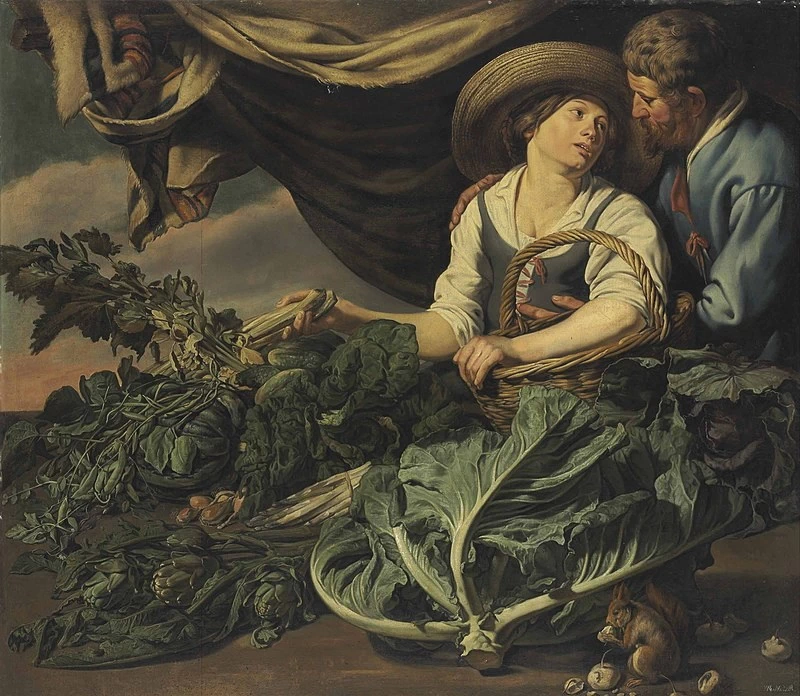 Coppia amorosa con lattuga, carciofi, piselli e altre verdure, con uno scoiattolo - con Adriaen van Utrecht